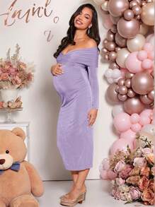 Loomaby Off Shoulder Bodycon Dress, Asymmetrical Neckline Ruched Maternity Dress, Solid Color Dress Suitable For Party, Wedding