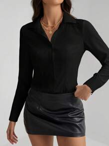 SHEIN Tall Solid Long Sleeves Button Front Shirt Bodysuit - Black - View 6