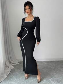 Modelyn Đầm dài tay dài đính sequin cổ vuông cho nữ - màu đen - Xem 7