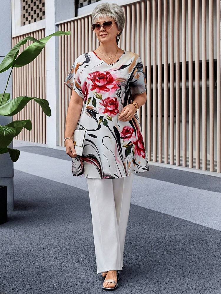 Plus Size Old Money Women Floral Print Loose Vacation Short Sleeve Blouse Spring For Women Bridal Shower White Elegant Floral