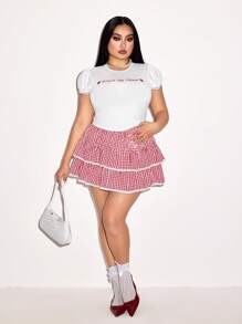 SHEIN ICON Maglietta con maniche a palloncino e stampa slogan con fragola, per taglie comode, primavera/estate