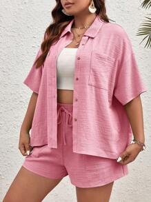 SHEIN VCAY 2 stuks/set plus size dames effen kleur korte mouwen shirt en shorts