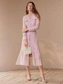 MOTF PREMIUM VESTIDO CORTE SESGADO DE CONTRASTE DE ENCAJE Y MALLA - Rosa - Ver 4