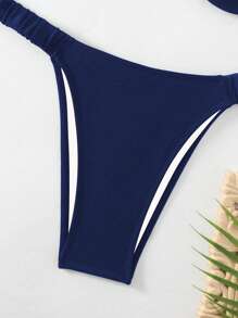 SHEIN Swim Women Solid Color Minimalist Bikini Top And Bottom Set For Summer Beach Vacation - Navy Blue - View 4