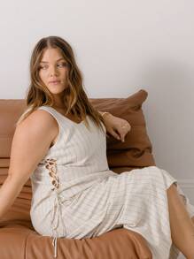 Aralina Curve Summer Vacation Beach Linen Stripe Maxi Dress With Lace Up - Blue - View 5