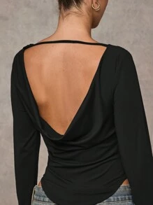 SHEIN BAE Women's Fashionable Sexy Solid Color Plunge Neck Backless T-Shirt