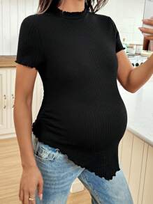 SHEIN 纯色荷叶边不对称孕妇短袖 T 恤