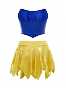 4pcs  Set: Headband + Gloves + Skirt + Top, Blue & Yellow Color Block, Suitable For Teens - Multicolor - View 10