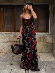 DAZY 女士盛开的花卉玫瑰印花吊带裙，夏季假日度假长裙巡航女士服装太阳裙 - 黑色 - 查看 1