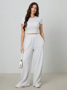 SHEIN Tall Women's Solid Color Crew Neck Short Sleeve Slim Fit T-Shirt And Sweatpants Set - Grey - View 6