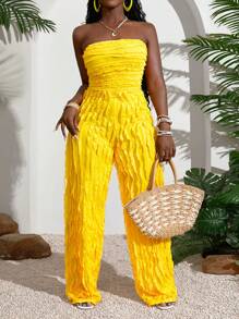 Slaydiva Bộ jumpsuit màu vàng bơ mùa hè mới về, thích hợp cho lễ hội âm nhạc, mùa cưới, lễ Phục sinh, phong cách miền Tây, phong cách du mục, ngày lễ Thánh Patrick, tiệc sinh nhật, mùa tốt nghiệp, trang phục học sinh, thường ngày, dễ phối đồ, thư giãn, du lịch biển, bãi biển, tắm nắng, thời trang, có họa tiết, không dây vai, màu vàng, bộ jumpsuit nữ cỡ lớn. - Màu vàng - Xem 3