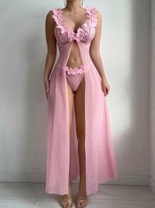 Wedding Lace Splicing Mesh Three-Dimensional Flower Front Button Slit Long Nightgown + Thong 2 Pieces - Pink - View 5