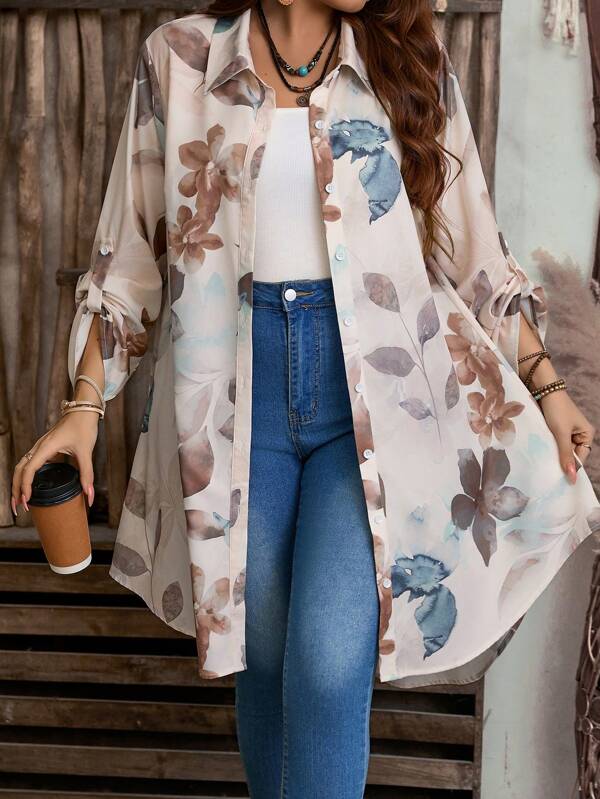 EMERY ROSE Blusa casual de manga enrollada con estampado floral para vacaciones, conjuntos de primavera para mujeres de tallas grandes, West Country