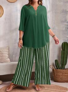 EMERY ROSE Plus Size Women 2pcs Set: Solid Color Cuff Sleeve Shirt & Striped Pants,Holiday Outfits Boho - Dark Green - View 4
