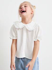 SHEIN Young Girls' Cute Rabbit Ear Collar Contrast Lace Ruffle Lantern Sleeve Loose White Blouses, Spring - White - View 2