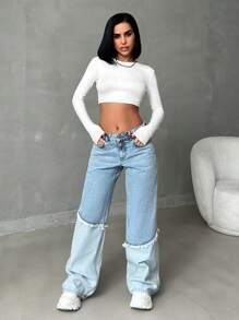 EURMUSE WOMEN LOW WAIST WIDELEG TRENDY CASUAL - Light Wash - View 3