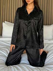 DAZY 缎面豹纹提花宽松睡衣套装，秋冬服装 - 黑色 - 查看 6