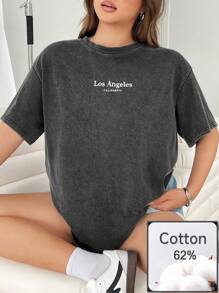 SHEIN EZwear Maglietta estiva casual con stampa di lettere, girocollo, manica corta, taglie comode - nero - Visualizzare 5