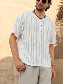 Genlund Men's Solid Color Button-Up V-Neck Short Sleeve Casual T-Shirt - White - View 4