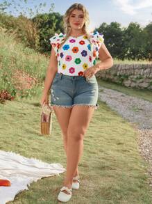 SHEIN VCAY Plus Size Floral Print Round Neck Cap Sleeve Blouse, Multi-Color Summer Beach For Woman Graduation Brunch For Women St Patrick Spring Break Rave Festival Elegant Vacation Woman Casual Western Cute Boho Floral Beach Spring Brunch For Women Old Money Tropical Vacation Woman Cute Tops Women Summer Cute Summer Tops Women Summer Women Tops