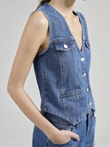 Ontre Women Denim Jacket And Vest Set, Casual Fitted Sleeveless Blue - Medium Wash - View 7