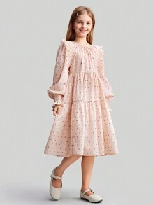 Ontre Tween Girls' Vintage Countryside Resort Polka Dot Decor Puff Sleeve Ruffle Zoom Fit & Flare Casual Comfy Homewear Of Back To School Dress, Lente/Zomer
