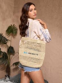 SHEIN VCAY Women's Vacation Travel Beach Tote Shoulder Bag, Straw Woven - Beige - View 5