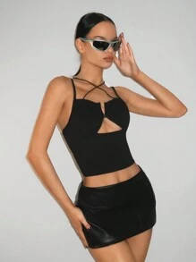 SHEIN ICON Women's Hollow Neck Metallic Detail Black Top - Black - View 5
