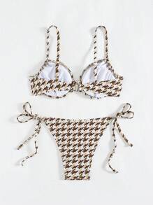 随机花卉印花褶皱女式比基尼套装，配有胸罩和系带侧裤，适合夏季海滩度假 - 彩色 - 查看 6