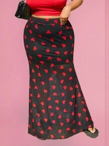 SHEIN EZwear Plus Size Valentine's Day Heart Mesh Sheer Skirt - Multicolor - View 3