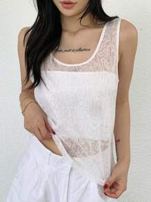 DAZY Women Casual Solid Color Lace Loose Camisole Tank Tops - White - View 7