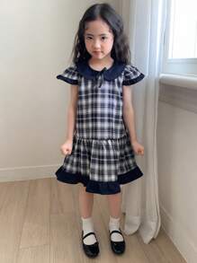 DAZY Young Girls' Plaid Bow Decor Ruffled Hem Cute Dress - Navy Blue - View 8