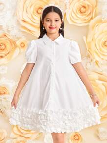SHEIN 青少年女孩宽松休闲简约马球领 A 字形荷叶边泡泡袖迷你连衣裙