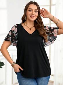 EMERY ROSE Plus Size Women's V Neck Black Floral Chiffon Bell Sleeve  Elegant Women's Top Summer Outfits  Spring Outfits For Women - Multicolor - View 5
