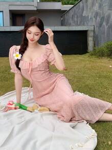 DAZY Váy midi họa tiết ren Jacquard cổ vuông viền xếp nếp chắp vá cho mùa cưới dành cho nữ Đầm suông - Hồng - Xem 2