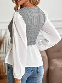 SHEIN Frenchy Women's Autumn Crossover V-Neck Long Sleeve Layered Ruffle Hem Fashionable Top - Grey - View 2