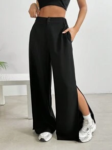 SHEIN EZwear 女士纯色休闲裤，简约时尚，适合日常穿着 - 黑色 - 查看 3