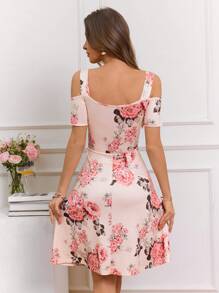 SHEIN VCAY Vestido camisero femenino de línea A con cuello en V, tirantes gruesos y calados, romántico y veraniega para vacaciones