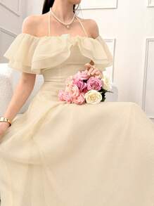 Modelyn 女士纯色荷叶边露肩吊带连衣裙，优雅 - 杏色 - 查看 2