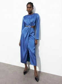 Maija Spring And Summer New Style Blue Waist Sexy Hollowed Out Metal Buckle Women's Long Dress Urban Modern Elegance Daily Casual Commuting Suitable For Going Out For Vacations, Festivals, Parties, Weddings And Dates Business Casual Women's Wear, Office Wear, Low-Key Old Money Style, Effortless Temperament, High-End Urban Commuting, The Same Style As The Editor-In-Chief Of The Magazine, Urban Social Vacation Party Wear, Charming, Low-Key And Durable Basic Style, Versatile And Not Picky Clothing, Street Fashion Wear, Clothing, Coffee Shop, Relaxed Wear