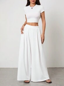 SHEIN PETITE Solid Color Short Sleeve T-Shirt And Wide Leg Pants Set, Minimalist Fashion Casual Daily Wear