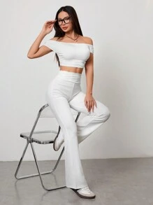 SHEIN PETITE Ensemble in zwei Teilen mit Polokragen Oberteil + Hose mit geraffter Taille und weitem Bein, Rippstrick - Weiss - Übersicht 7