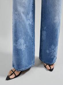 Ontre Calça Jeans Feminina Azul Cintura Baixa Casual Algodão Jeans Calça Reta Estampada Padrão Casual Estilo Dinheiro Antigo - Lavagem Média - Ver 7