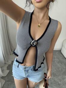 Chiquease Damen Gestricktes Crop Top, gestreifter Kontrastfarben sexy Blumen Muster Tank Top