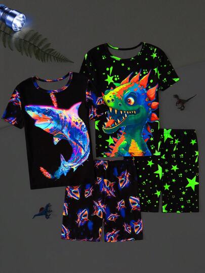 4Pcs Tween Boy Glow-In-The-Dark Cartoon Shark & Dinosaur Print Short Sleeve T-Shirt & Shorts Snug Fit Pajama Set