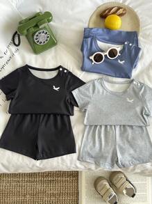 6pcs/Pack Newborn Baby Boy/Girl Black, Blue, Gray Short Sleeve Shorts Set, Comfortable All Occasions Summer Outfit, Great Value Multi-Piece Set - Multicolor - View 6