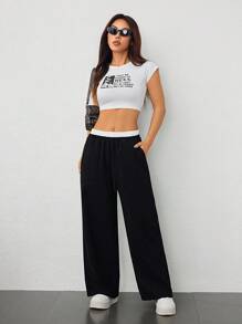 SHEIN PETITE Women's Corduroy Colorblock High Waist Pockets Wide Leg Loose Pants - Black - View 7