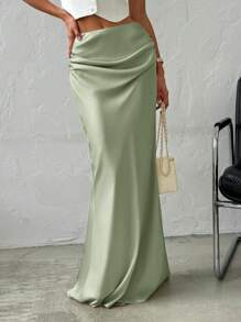 Firerie Elegante minimalistische romantische date & werkjurk voor dames, veelzijdige effen satijnen maxi-rok, abrikooskleur, lage taille, herfst/winter