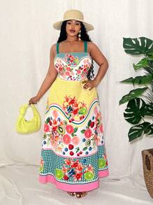 Slaydiva Casual Plus Size Women Design Sense Loose Fruit Print Camisole Loose Waist Ruffled Hem Print Dress