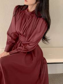 DAZY 女士宽松中长款系带派对连衣裙，秋季连衣裙长袖连衣裙红色女士连衣裙 - 酒紅色 - 查看 5